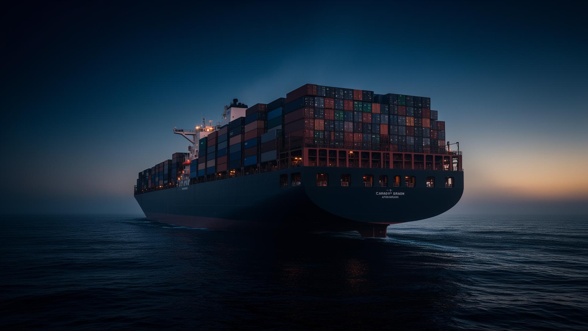 Navio porta-contêineres no mar ao entardecer